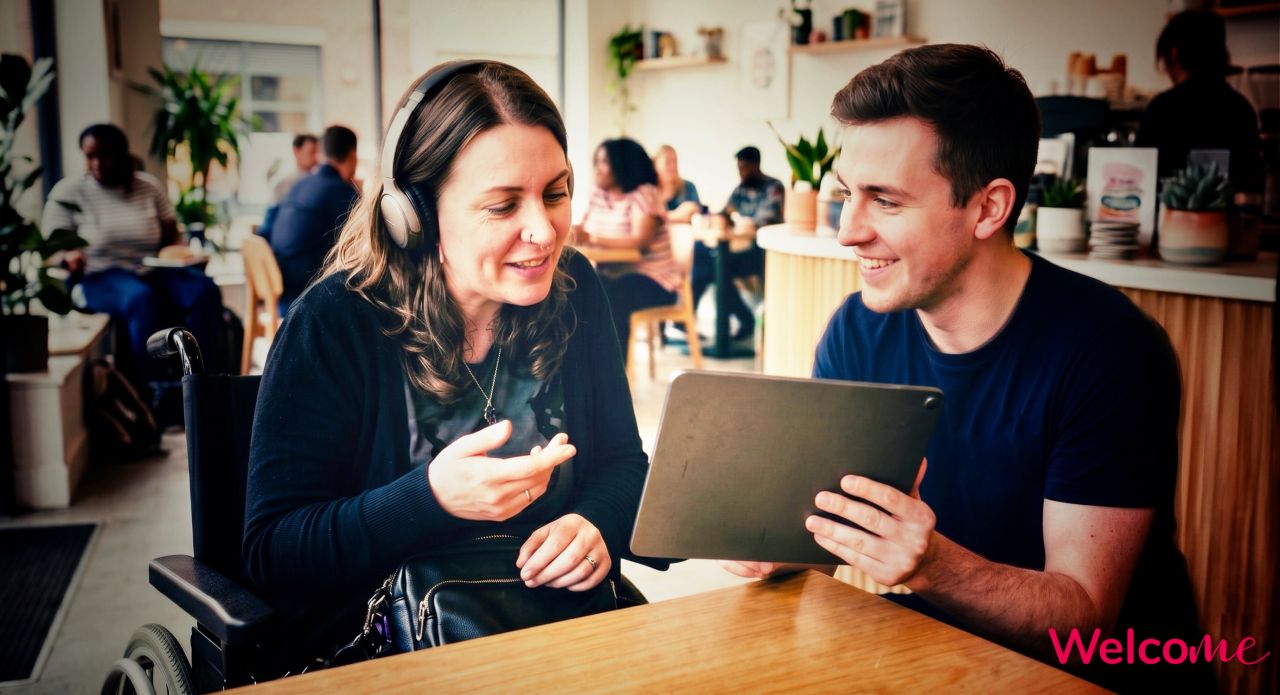 A smiling woman in a wheelchair and headphones happily looks at a tablet held by a friendly man in a busy cafe. The word 'Welcome' is written in the bottom right corner